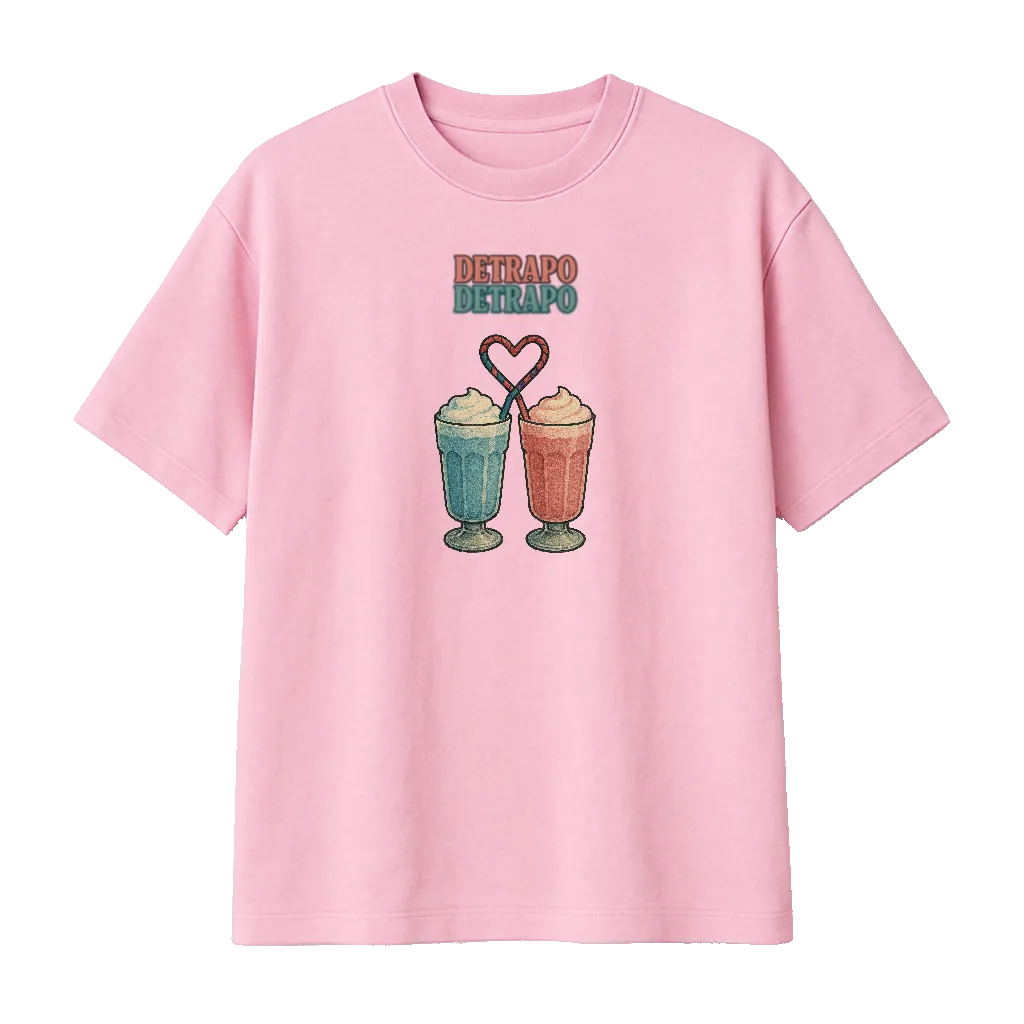Camiseta rosa Detrapo con dos batidos unidos por un corazón